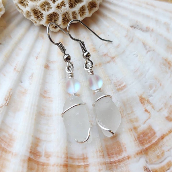 Mermaid glass earrings, winter white sea glass, Sterling silver, Okinawa sea glass earrings, moon glass, Valentines gift for her