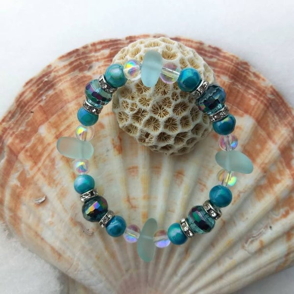 MERMAID bracelet, opal bead stretchy, mermaid sea glass crystal bracelet, turquoise stretchy bracelet, Swarovski, Valentines gift for her