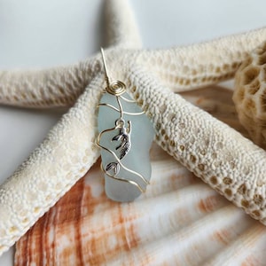 Mermaid sea glass pendant, hand wrapped sea glass necklace, genuine sea glass, beach glass necklace, sterling silver mermaid charm