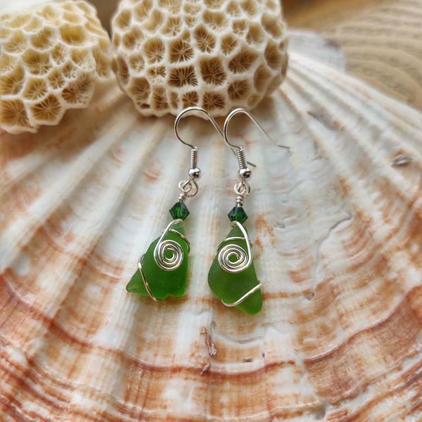 Small green sea glass earrings, Okinawa sea glass jewelry, emerald sea glass earrings, minimalist Sea glass earrings Valentines gift for her