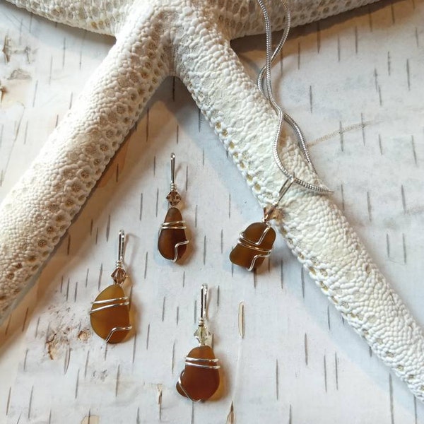 MINI sea glass pendant, minimalist pendant Okinawan sea glass charms pendant sterling silver, brown sea glass charms