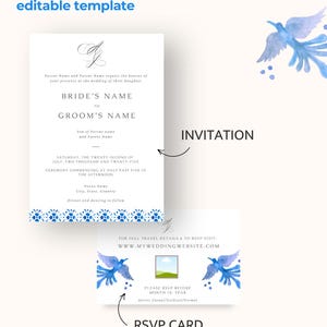 Puede incluir: Una plantilla de invitaci&oacute;n de boda con un dise&ntilde;o floral azul y blanco. La invitaci&oacute;n presenta una ilustraci&oacute;n de acuarela de p&aacute;jaros y el texto "wedding invitation" y "editable template".