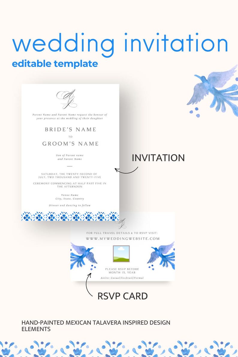 Puede incluir: Una plantilla de invitaci&oacute;n de boda con un dise&ntilde;o floral azul y blanco. La invitaci&oacute;n presenta una ilustraci&oacute;n de acuarela de p&aacute;jaros y el texto "wedding invitation" y "editable template".