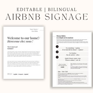 Puede incluir: Señalización bilingüe de Airbnb editable con un mensaje de bienvenida y reglas de la casa en inglés y francés. El letrero incluye información sobre las horas de silencio, la prohibición de fumar y la prohibición de fiestas.