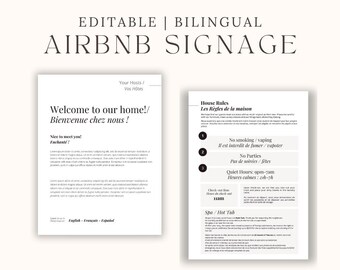 May include: Editable bilingual Airbnb signage with a welcome message and house rules in English and French. The sign includes information about quiet hours, no smoking, and no parties.