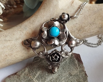 Collier floral turquoise allemand vintage en argent 800 - style Jugendstil - argent floral - argent allemand - argent handarbeit - argent gravé
