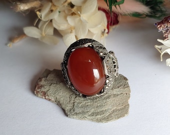 Vintage Sterling Silver Art Deco Carnelian & Marcasite Ring - Art Deco style - Ring Size 5.75" US - Marcasite ring - 1920s ring