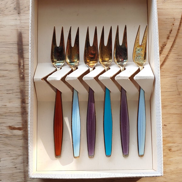 Vintage Jacob Tostrup guilloche enamel silver forks - Norway silver enamel - guilloche forks - Norwegian Silver enamel forks - silverware