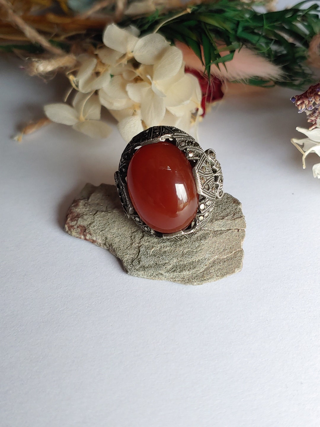 Vintage Sterling Silver Art Deco Carnelian & Marcasite Ring - Art Deco ...