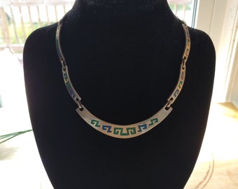 Collar de plata con incrustaciones de turquesa y lapislázuli vintage mexicano Taxco - Estilo modernista - Joyería mexicana MCM - 54g - Estilo Boho