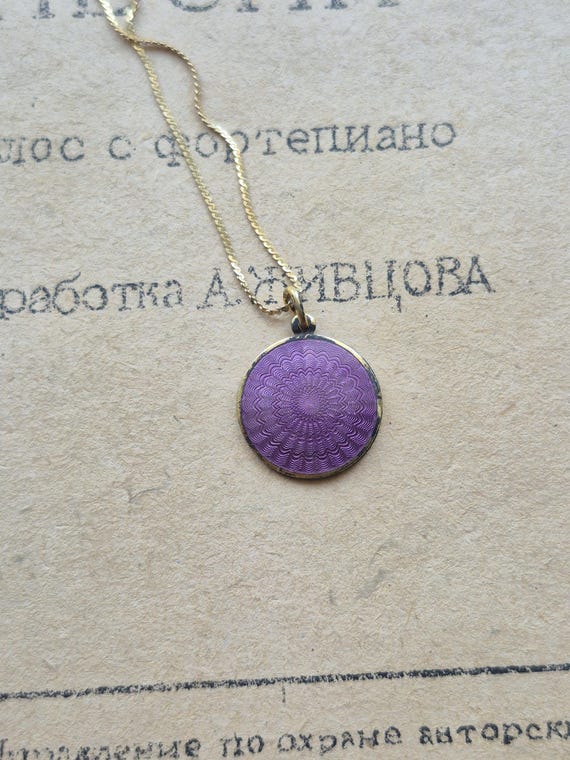 Vintage Norwegian OPRO Silver Vermeil Purple Guilloche Enamel Pendant Necklace | Signed OPRO Norway | Mid Century Modernist Scandinavian