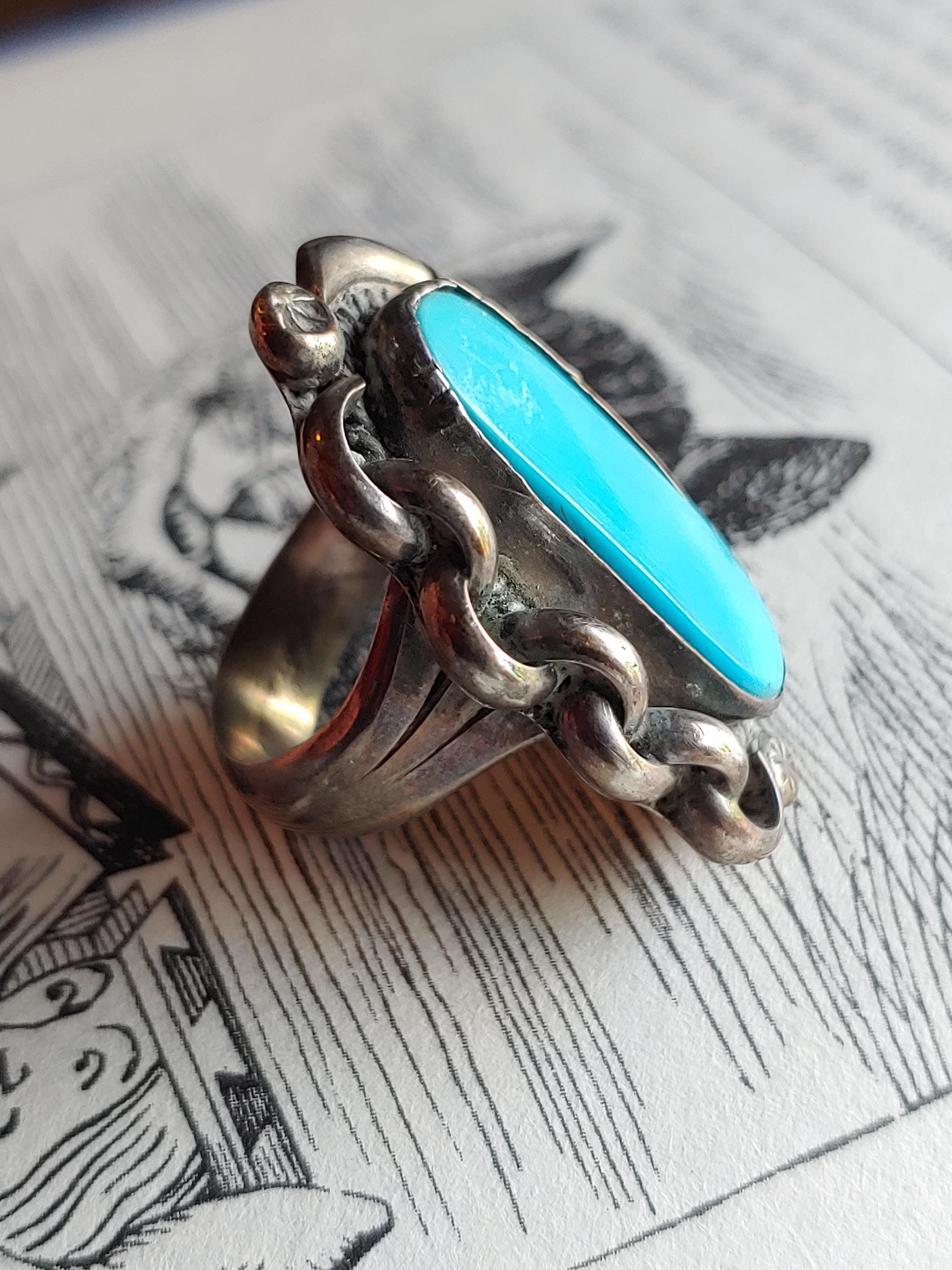 Vintage Navajo 1970s Large Sterling Silver Turquoise Ring - Boho Style ...