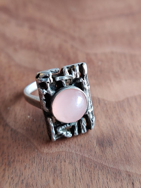 Vintage Brutalist rose quartz 835 silver ring - J… - image 1