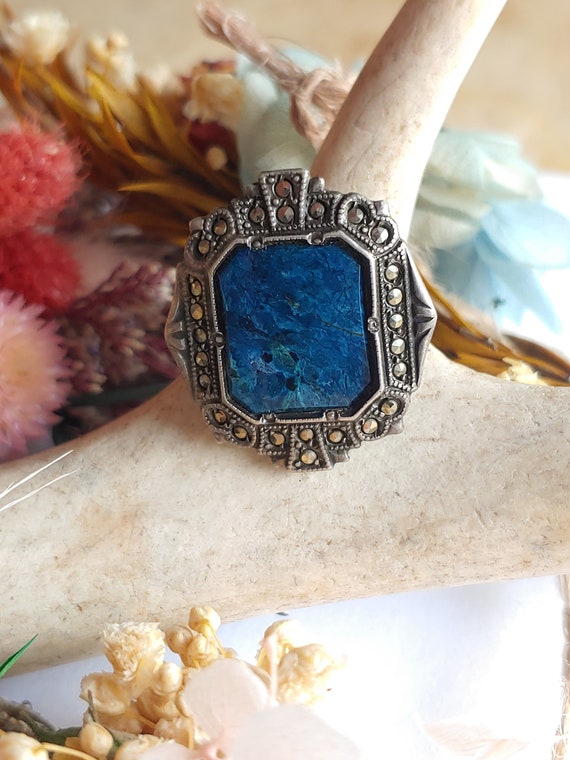 Vintage Sterling Silver Art Deco Lapis & Marcasite