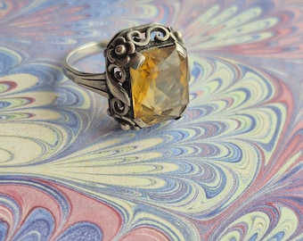 Anillo Art Déco vintage de plata 800 con citrino - Estilo Jugendstil - Anillo de plata europeo - Plata alemana - Plata hecha a mano - Vintage años 50