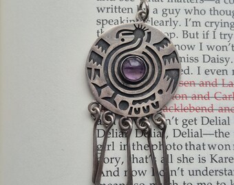 Antiguo colgante tribal de pájaro de plata y amatista de Taxco mexicano / Estilo modernista / Joyería mexicana MCM