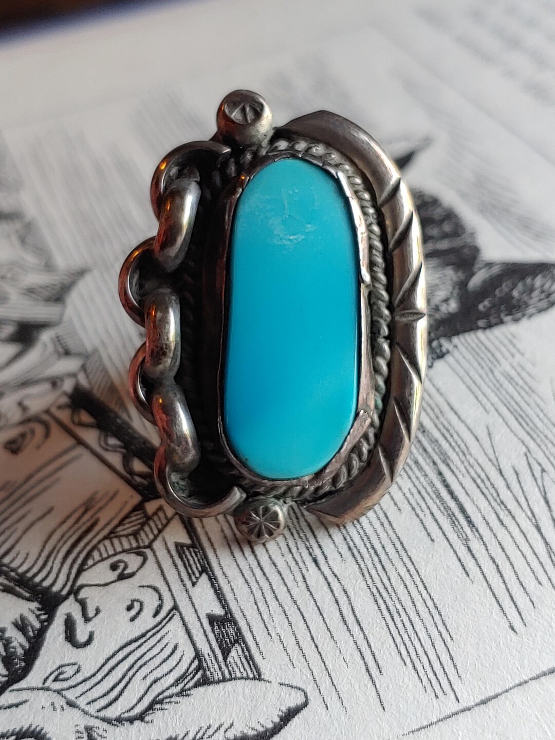 Vintage Navajo 1970s Large Sterling Silver Turquoise Ring - Boho Style ...