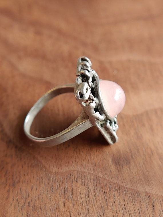 Vintage Brutalist rose quartz 835 silver ring - J… - image 2