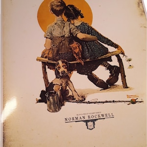 NORMAN ROCKWELL tiny piece of document he signed, relic, owned, personal, part &#39;Boy and Girl Gazing at the Moon&#39; print painting