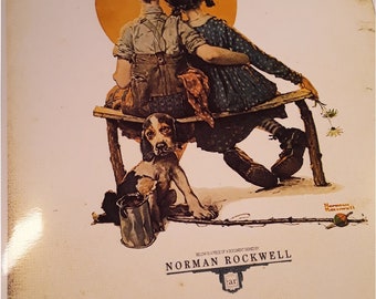 NORMAN ROCKWELL tiny piece of document he signed, relic, owned, personal, part 'Boy and Girl Gazing at the Moon' print painting