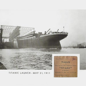 Frame ready Titanic launch, May 31, 1911 w/REPLICA TICKET STUB piece