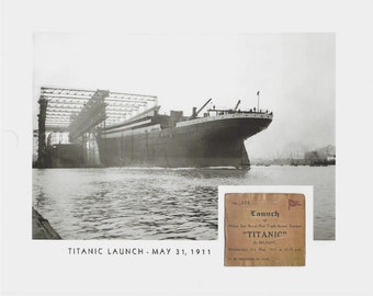 Lancement du Titanic prêt pour le cadre, 31 mai 1911 avec pièce REPLICA TICKET STUB