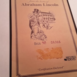 Véritable pièce de BRIQUE d'Abraham Lincoln provenant de sa maison de Springfield, dans l'Illinois, dans l'Illinois, maison assassinée par le président en 1865, document rare image 6