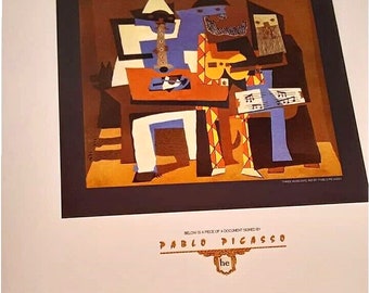 PABLO PICASSO tiny piece of document he signed, relic, owned, personal, part, 'Three Musicians' print painting