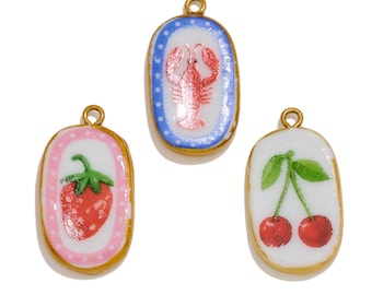 Enamel Fruit Steel Charm - Gold Plated Oval Pendant - Strawberry Lobster Cherry Kawaii Jewelry SS2892