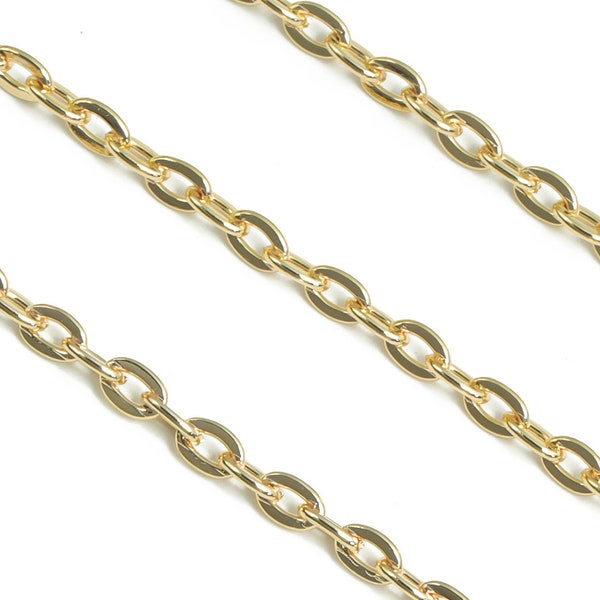 Flat Soldered Cable Chain - 18K Real Gold Iron Chain - Flat Cable Chain - 18K Real White Gold Soldered Link Chain - 0.15" x 0.11" x 0.02" -