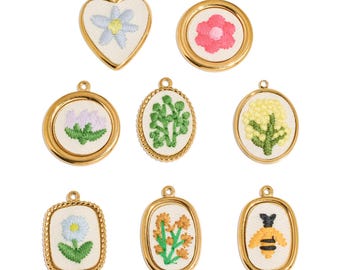 Embroidered Steel Charm - Fabric Flower Bee Pendant - Gold Framed Botanical - Cottagecore - Jewelry Supply