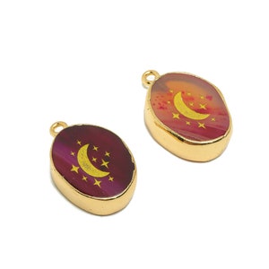 Red Agate stone Charm - Star Red Agate stone Brass - Crescent Natural Stone Charms - Gold Tone Plated - Jewelry Supplies - 23x14x4mm- NS1914