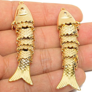 Brass Cloisonne Fish Charm - Unique Movable Fish Pendant - CZ Handmade Articulated Fish - 18K Real Gold Plated - 60.65x15.38x9.7mm -RGP10513