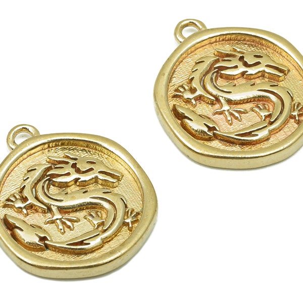 Brass Round Dragon Earring Charms - Raw Brass Circle Dragon Earrings -  Pendant With Loop - Dragon Necklace Charm - 16.1x13.7x1.9mm - PP8177