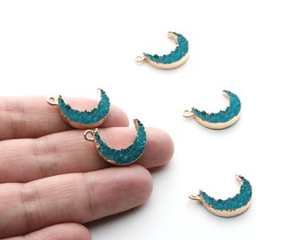 Druzy Earring Charms - Light Blue Resin Copper Earrings for Right Side - Moon Shaped Pendant  - 24.34x15.92x5.14mm - RC1007D