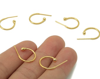 Brass C Hoop Stud Earring – 18K Gold Plated Mini Ball Post (22.1x13.8x1.2mm) RGP5855