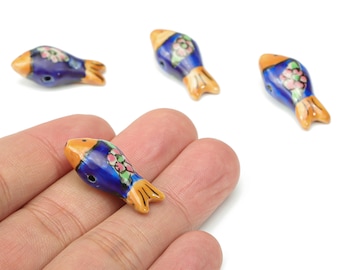 Glazed Ceramic Fish Flower Beads - Carved Cute Fish Beads - Handmade Beads - Bracelet Beads - Connectors Beads - 26.56x12.17x9.4mm - NS1835A