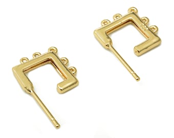 Brass Open Square Stud Earring - Hoop Earring Post With 5 Loops - 316 Stainless Steel - 18K Real Gold Plating - 14.9x12.3x1.7mm - RGP5453