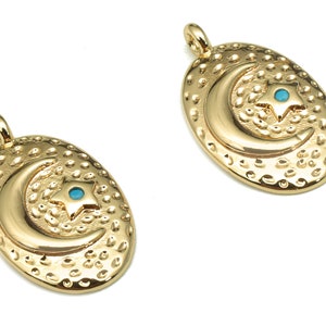 Brass Hammered Moon Star Earring - Zircon Dot Textured Oval Charm - Crescent Pendant With Loop -18K Real Gold Plating-15.8x9.5x1.8mm-RGP5314