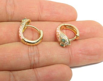 Snake Hoop Earring - Brass Pink Enamel Huggie Hoop - Cubic Zircon Dainty Animal Hoop Earrings - 18K Real Gold Plating - 18x15x7mm - RGP9711