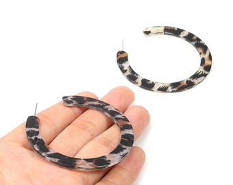 Open Hoop Earrings Stud - 2.5 inch Hoop Earring - Leopard Acetate Round Earring Post Circle - Color Code: A266 - 63.5x2.5mm - AC1572-A266