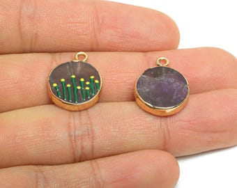 Amethyst Earring Charm - Brass Handmade Gold Foral With Enamel Pendant - Botanical Theme - KC Gold Plating - 19x15x3mm - NS2883F