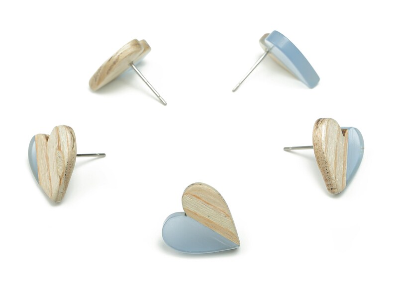 Boucle d'oreille coeur en résine - Tige coeur en bois massif - Clou chirurgical en acier inoxydable 316 - Accessoires pour fabrication de bijoux - 14,76 x 14,3 x 3,12 mm - BB1133G image 2