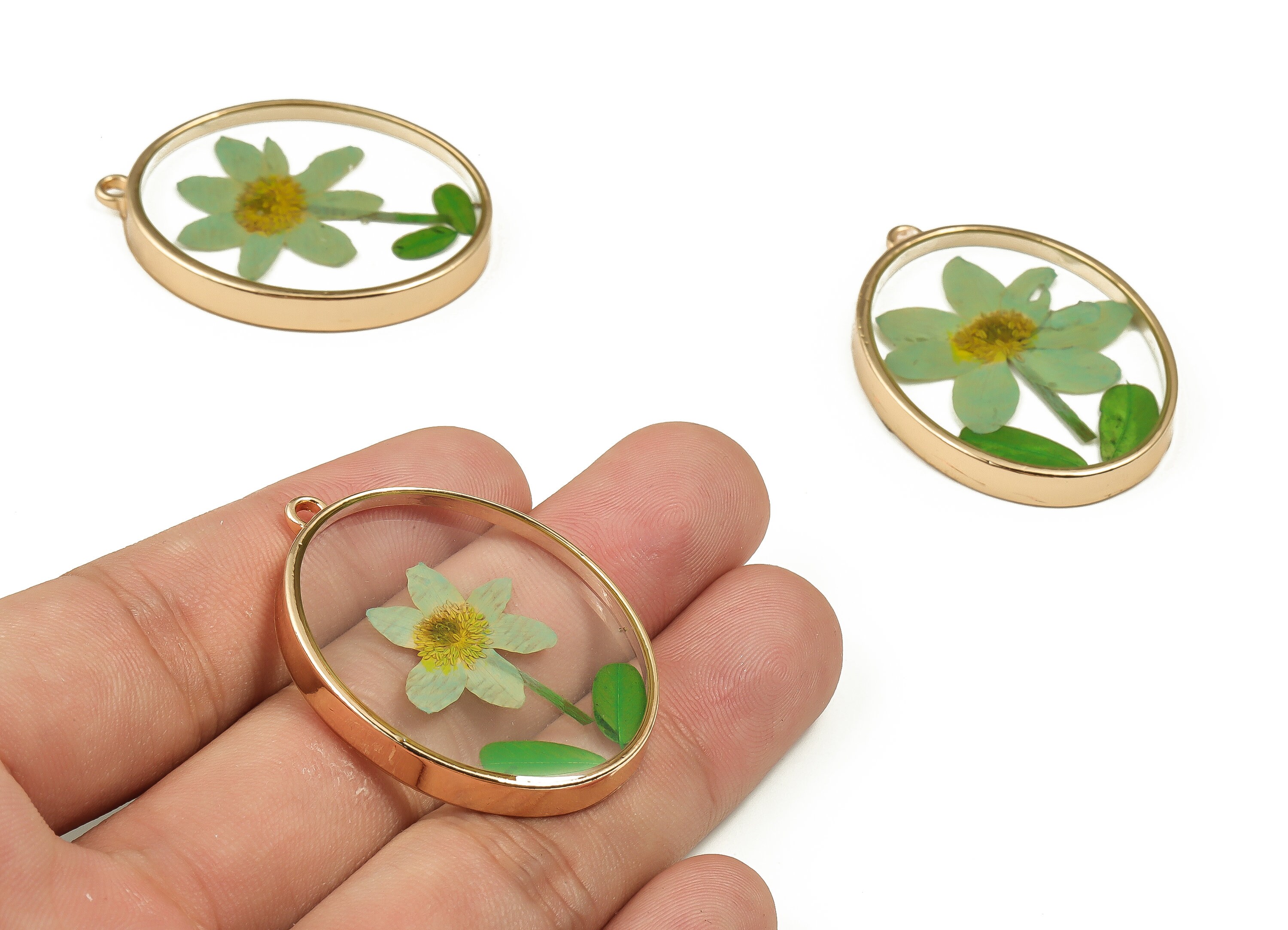 Epoxy Resin Oval Real Flower Earring Charms - Epoxy Resin