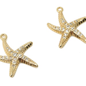 Brass Starfish Earring Charms with Zircon - Gold Starfish Pendant - 18K Real Gold Plated Brass - Jewelry Supplies - 17.5x13.1x1.9mm- RGP4411