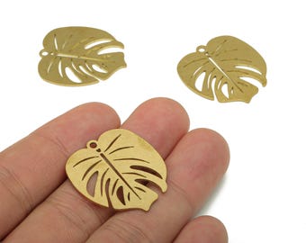 Brass Monstera Earring Charms - Raw Brass Leaf Earring - Leaves Pendant With Loop - Botanical Charm - 29.34x26.8x0.7mm - PPA5672