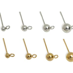 May include: An assortment of eight earring posts. Four are silver-colored, and four are gold-colored. Each post has a ball-shaped end with a small loop for attaching earring components. The posts are arranged in two rows.