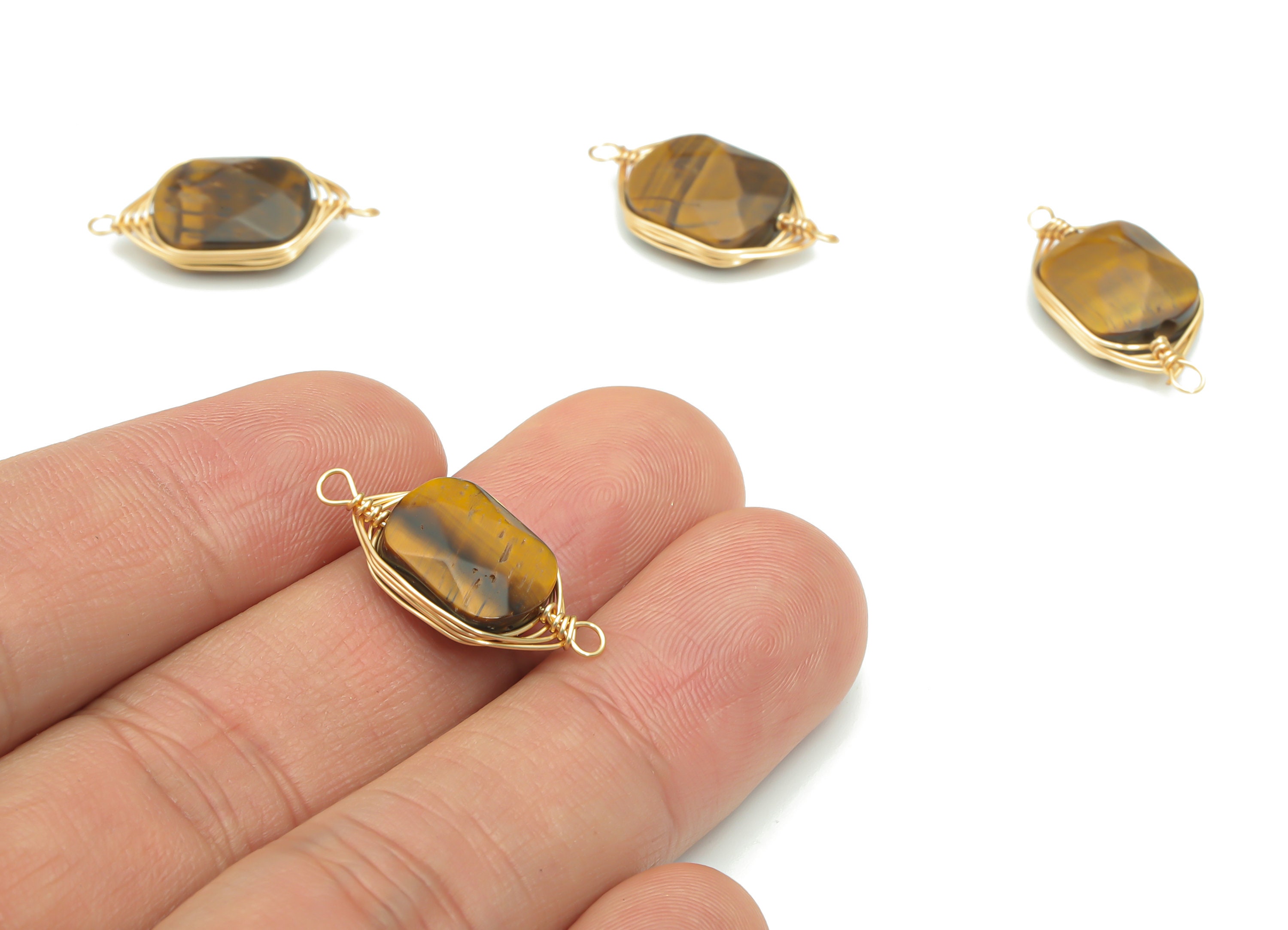 Tiger Eye Faceted Natural Stone Earring Connectors - Brass