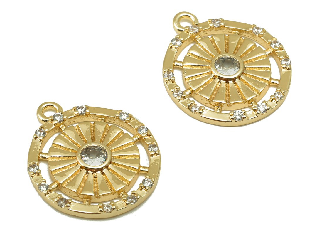 Brass Round Earring Charms Brass Cubic Zircon Compass Pendant 18K Real