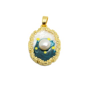 Artistic Pearl Pendant - Chic Enamel Brass Pendant - Gold Pearl Enamel Pendant - Vibrant Colors Jewelry -18K Gold Plated -24x16x5mm-RGP10681